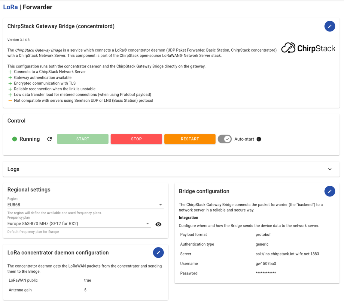 ChirpStack Gateway Bridge configuration page in LORIX OS
